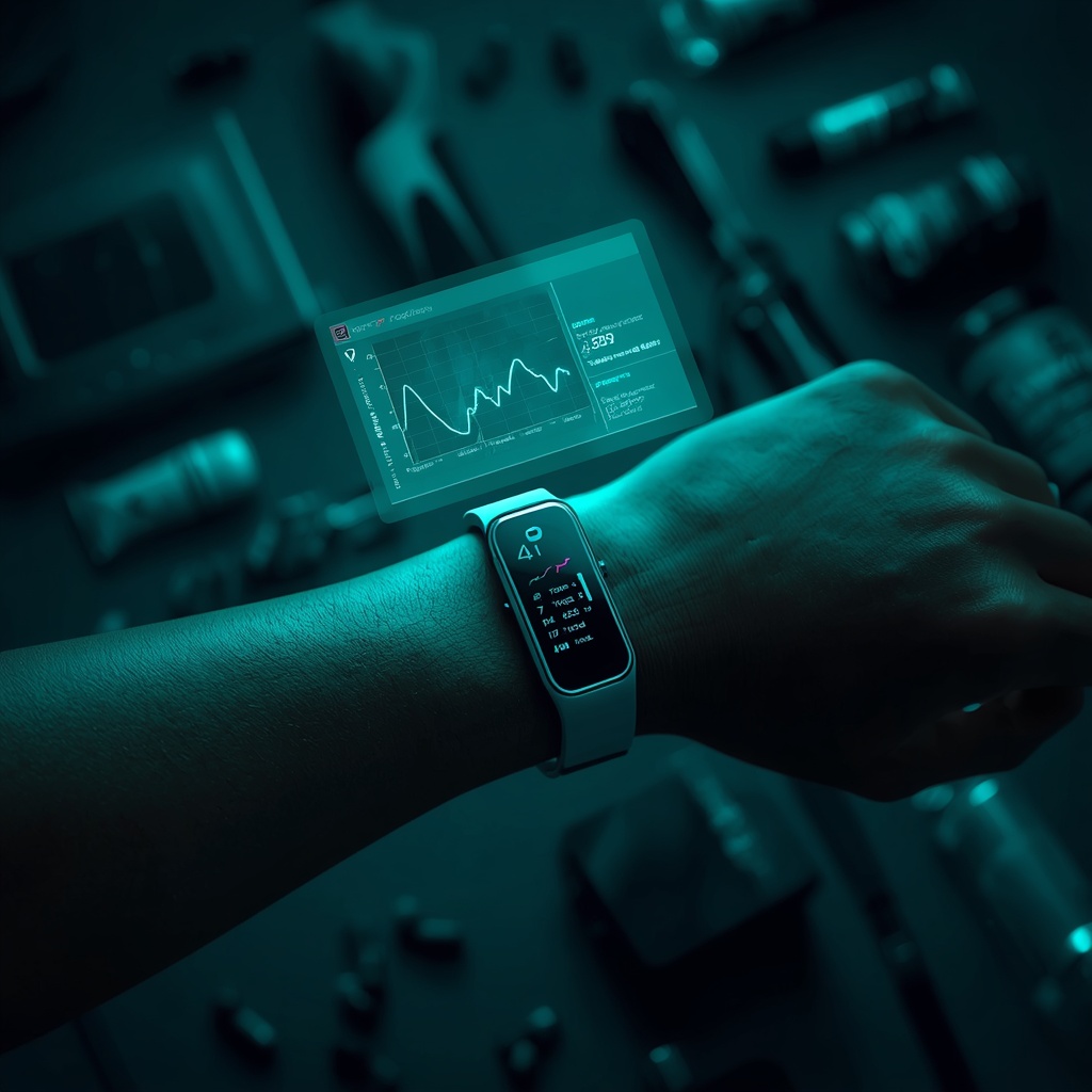 A high-tech wearable biometric monitoring device on a sleek wrist, displaying real-time heart rate variability graphs and performance metrics on a translucent holographic display, surrounded by advanced health supplements and smart devices, moody teal and electric blue studio lighting, 8k photorealistic, cinematic, no people, no text, no women